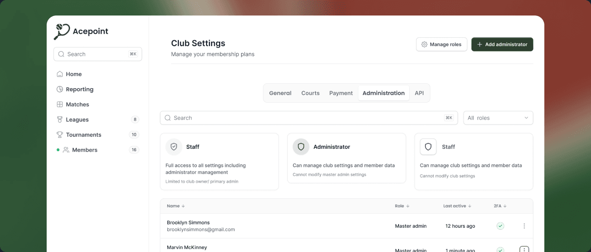 AcePoint club administration dashboard